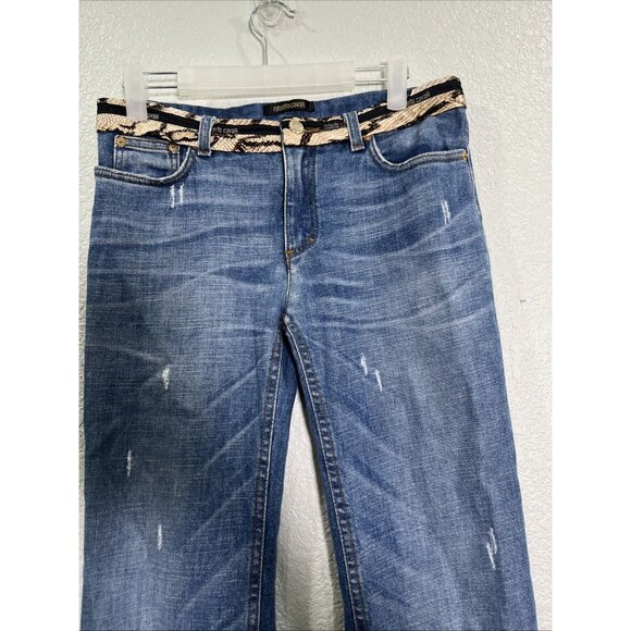 Roberto Cavalli Vtg Womens Sz S Y2K Bootcut Jeans Blue Denim Low Rise Silk Belt - Picture 2 of 11